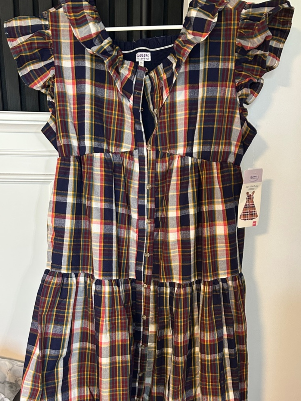 Blueberi Boulevard Navy, Red & Yellow Plaid Tiered Button-Front Dress